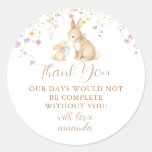Sticker Rond Jolie Prairie de Fleurs Sauvages Lapin Baby Shower