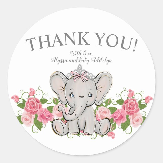 Sticker Rond Jolie Princesse Éléphant Bébé Fille Shower Merci (Devant)