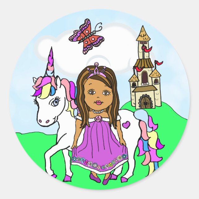 Sticker Rond Jolie princesse ethnique et château Unicorn (Devant)