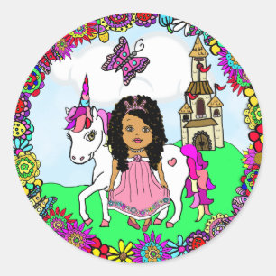 Sticker Rond Jolie princesse ethnique et château Unicorn