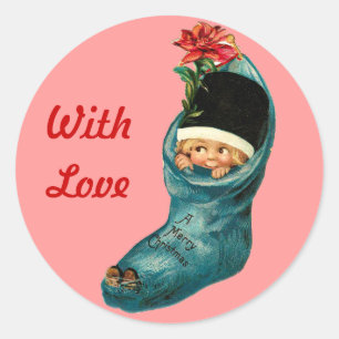Sticker Rond Jolie prise de Noël, petit enfant, rouge rose