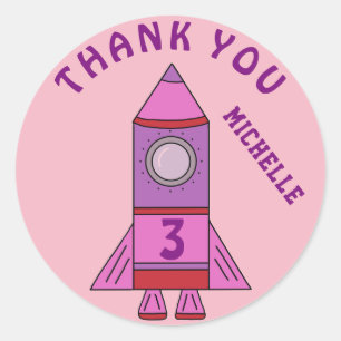 Sticker Rond Jolie Rocket rose Enfants fille Merci d'anniversai