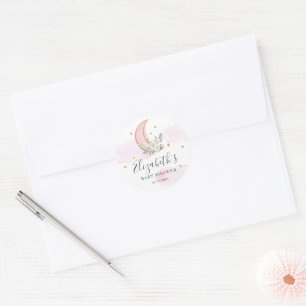 Sticker Rond Jolie Rose Clair Lune Dorée Étoiles Baby Shower