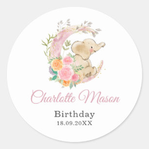 Sticker Rond Jolie rose florale lune fille Eléphant Anniversair