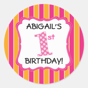 Sticker Rond Jolie Rose/Orange Filles Premier Anniversaire