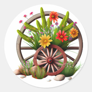Sticker Rond Jolie roue de chariot fleurie de ferme rustique