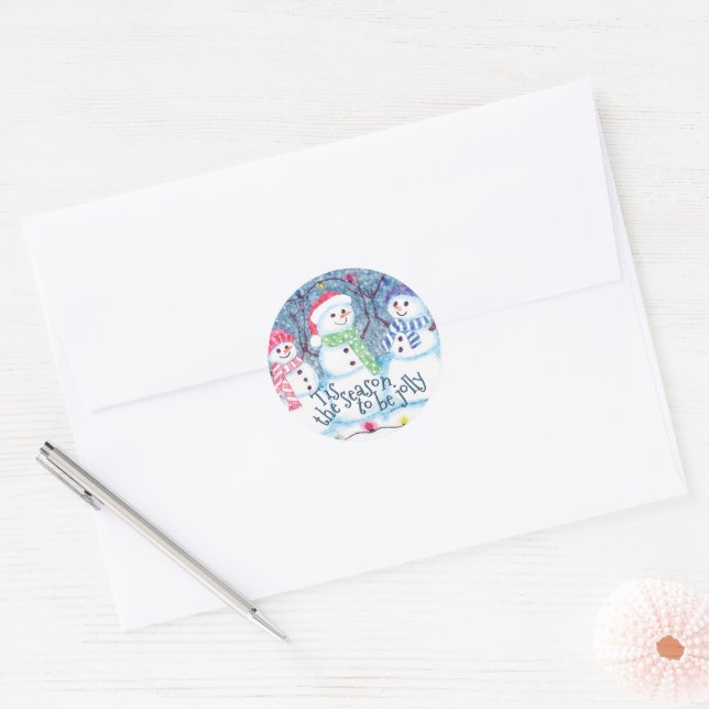 Sticker Rond Jolie saison hivernale Snowmen Aquarelle Art (Enveloppe)