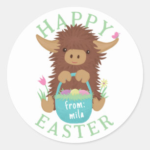 Sticker Rond Jolie, shaggy Vache Highland conception panier de