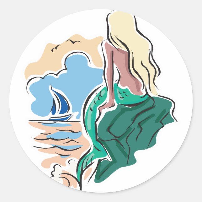 Sticker Rond jolie sirène assise sur le rocher (Devant)