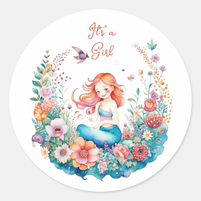 Sticker Rond Jolie sirène Baby shower de fille C'est une fille (Devant)