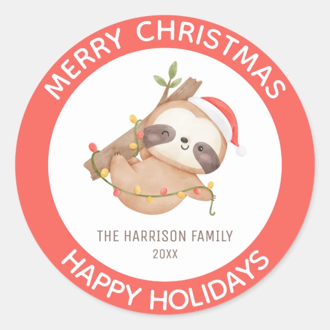 Sticker Rond Jolie Sloth Avec Santa Hat Noël (Devant)