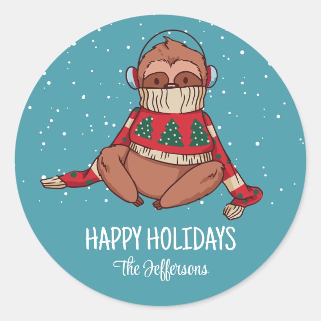Sticker Rond Jolie Sloth Noël Animal Snowy Vacances d'hiver (Devant)