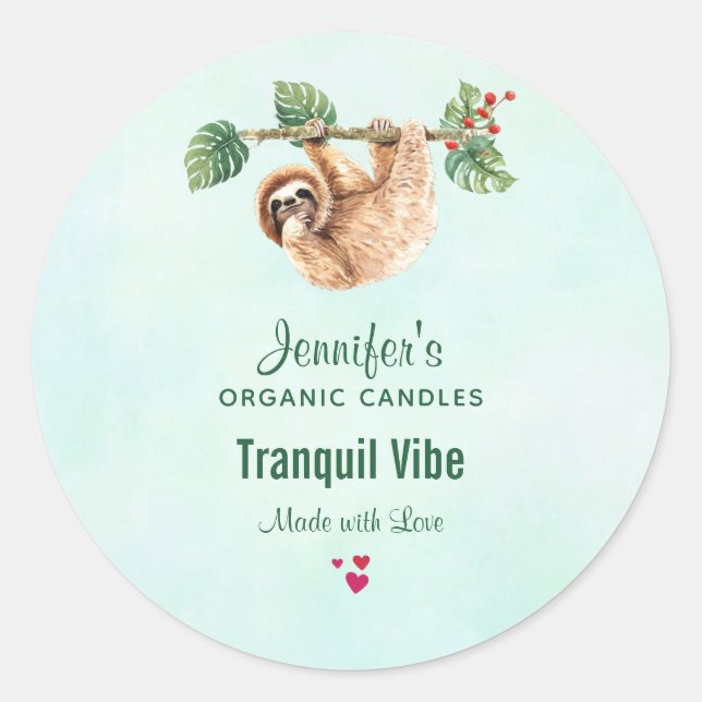 Sticker Rond Jolie Sloth Paisible Autour De L'Aquarelle Bougie/ (Devant)