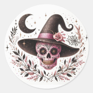 Sticker Rond Jolie sorcière à crâne de sucre Halloween