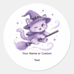 Sticker Rond Jolie sorcière chat violet sur un balai Halloween