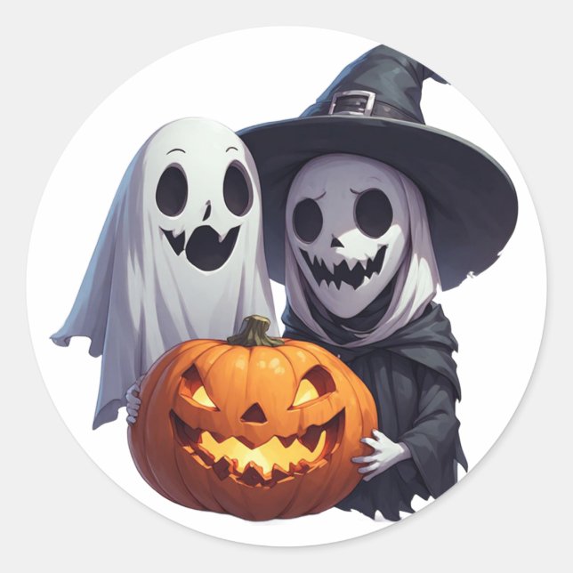 Sticker Rond Jolie sorcière d'Halloween et ses amis fantômes 🧙 (Devant)