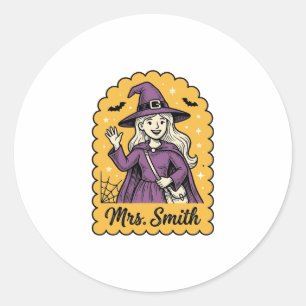 Sticker Rond Jolie sorcière enseignante Mme Smith Halloween vin