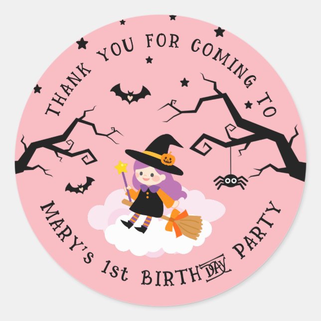 Sticker Rond Jolie Sorcière rose Halloween Anniversaire Merci (Devant)