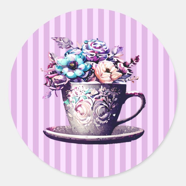 Sticker Rond Jolie Teacup Vintage avec Fleurs (Devant)