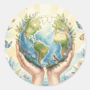 Sticker Rond Jolie Terre à l'aquarelle, Papillons et Oiseaux