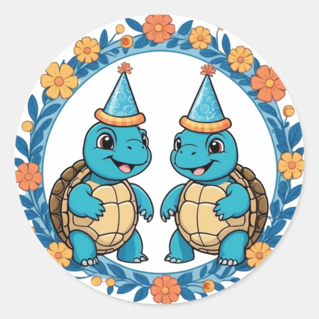 Sticker Rond Jolie Tortue fête d'anniversaire (Devant)