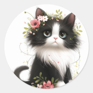 Sticker Rond Jolie Tuxedo Kitten avec Fleurs