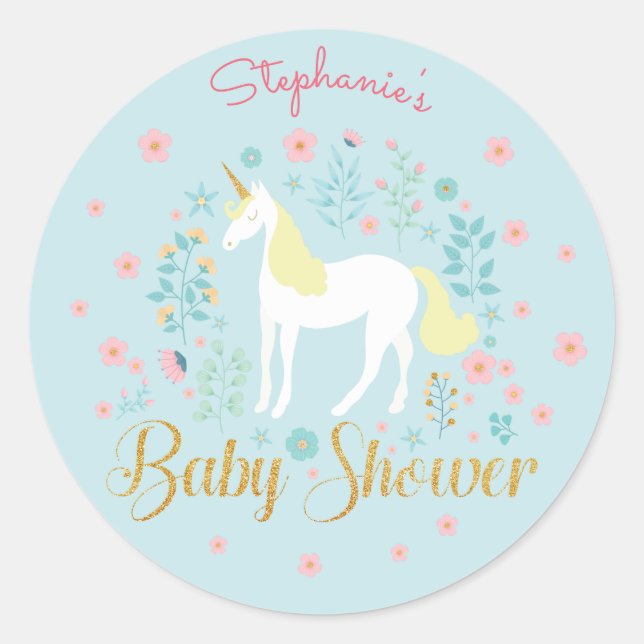 Sticker Rond Jolie Unicorn Aqua Baby shower de Parties scintill (Devant)
