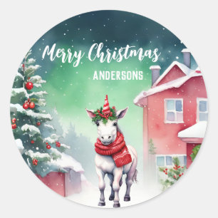 Sticker Rond Jolie Unicorn Noël arbre anniversaire fête de neig