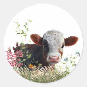 Sticker Rond Jolie vache Brown assise dans le jardin