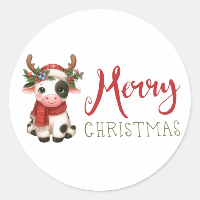 Sticker Rond Jolie vache de Noël mignonne (Devant)