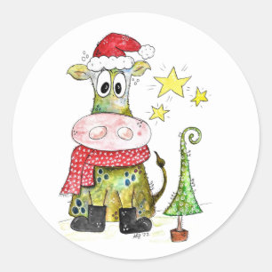 Sticker Rond Jolie vache de Noël Whimsical