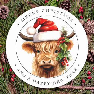 Sticker Rond Jolie vache des Highlands Ferme Animaux Joyeux Noë
