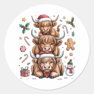 Sticker Rond Jolie vache des Highlands Noël Xmas Cosy Hiver