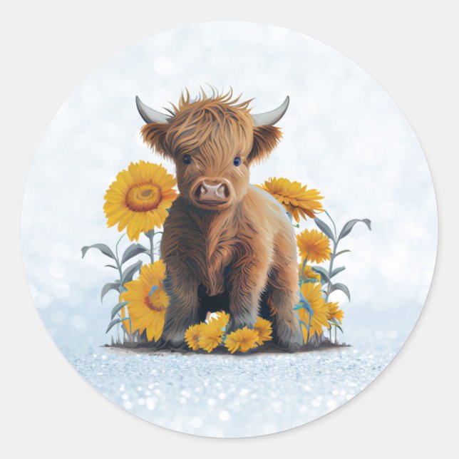 Sticker Rond Jolie vache Highland avec des tournesols (Devant)