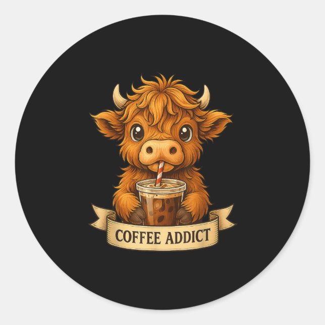 Sticker Rond Jolie Vache Highland Boire Café Drôle Pour Hommes  (Devant)
