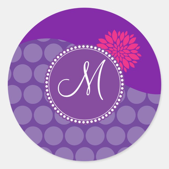 Sticker Rond Jolie vague de Pois violets avec fleurs roses (Devant)