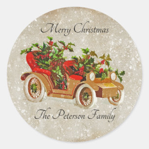 Sticker Rond Jolie voiture Vintage de Noël avec Kraft Holly Bei