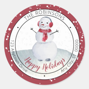 Sticker Rond Jolie Waving Snowman Joyeux Vacances Famille