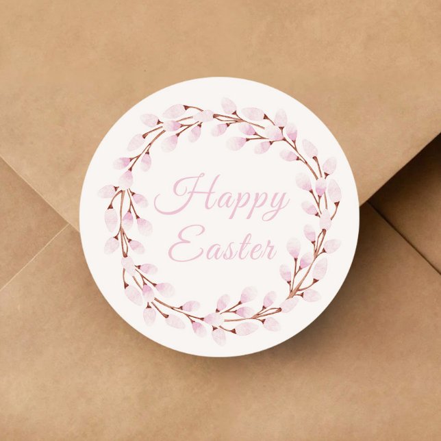 Sticker Rond  Jolies botaniques roses Joyeuses Pâques (Cute Pink Botanicals Happy Easter Classic Round Sticker)