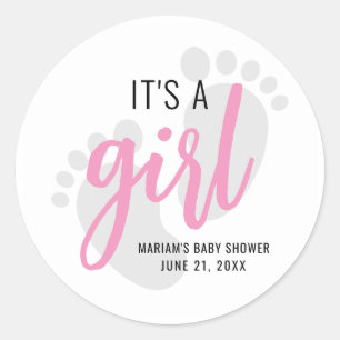 Sticker Rond Jolies Empreintes Roses C'est une Fille Baby Showe