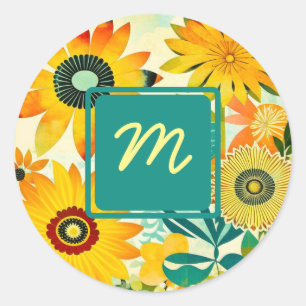 Sticker Rond Jolies fleurs d'art populaire Monogrammé