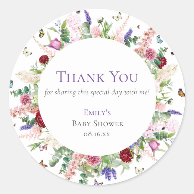 Sticker Rond Jolies fleurs et papillons Merci Baby shower (Devant)