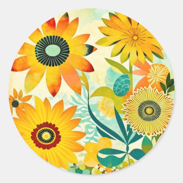 Sticker Rond Jolies Fleurs Jaunes Whimsical Folk Art (Devant)