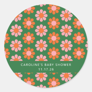 Sticker Rond Jolies Fleurs Rétro Vert Rose Cadeau Baby Shower P