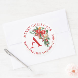 Sticker Rond Jolies Fleurs Rouges Baies Monogramme Joyeux Noël