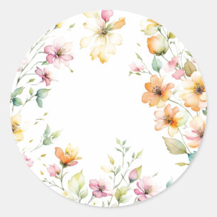 Sticker Rond Jolies Fleurs Sauvages Aquarelle Orange Rose Bohèm