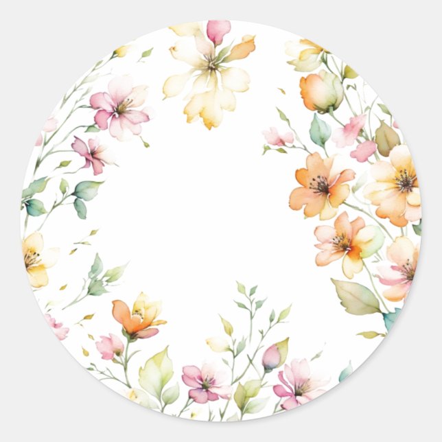 Sticker Rond Jolies Fleurs Sauvages Aquarelle Orange Rose Bohèm (Devant)