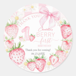 Sticker Rond Jolies Fraises Roses 1er Anniversaire