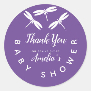 Sticker Rond Jolies Libellules Remerciements Baby Shower Viole