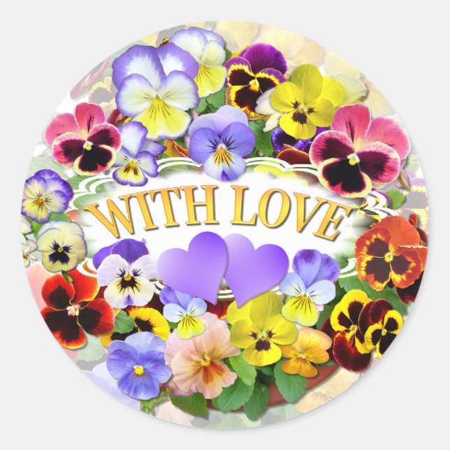 Sticker Rond Jolies Pansies Avec Amour et Coeurs (Devant)